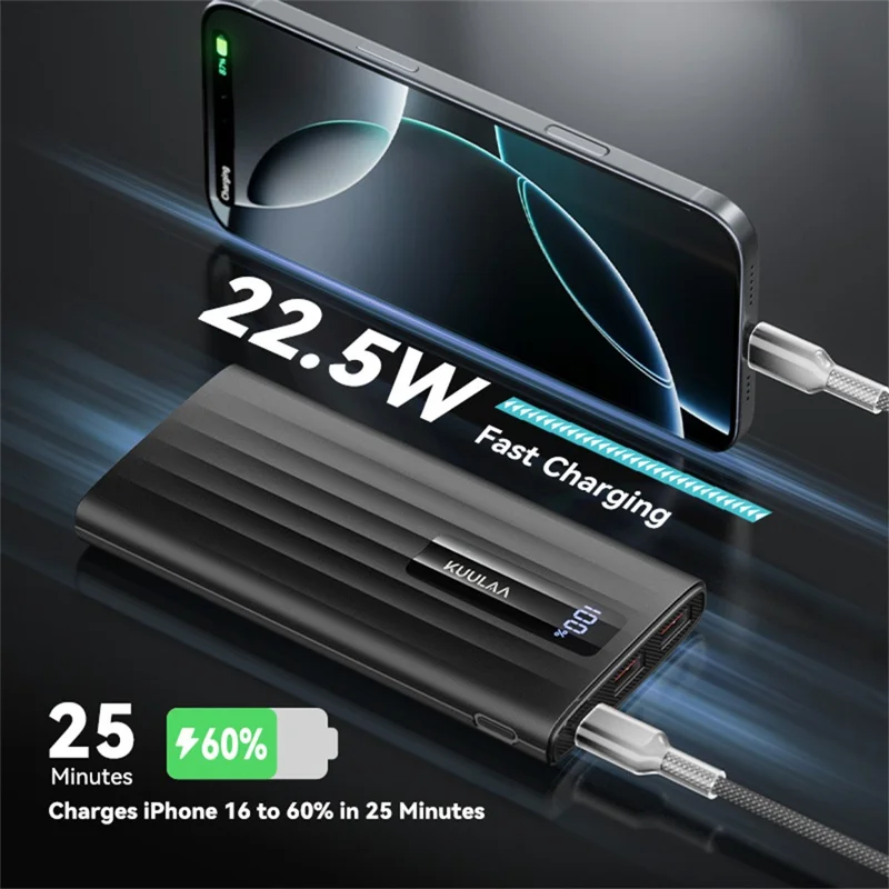 KUULAA KL-YD11 10000mAh Power Bank 22.5W Fast Charging Digital Display Portable Charger - Black