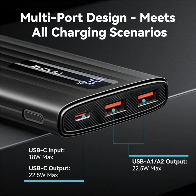 KUULAA KL-YD11 10000mAh Power Bank 22.5W Fast Charging Digital Display Portable Charger - Black