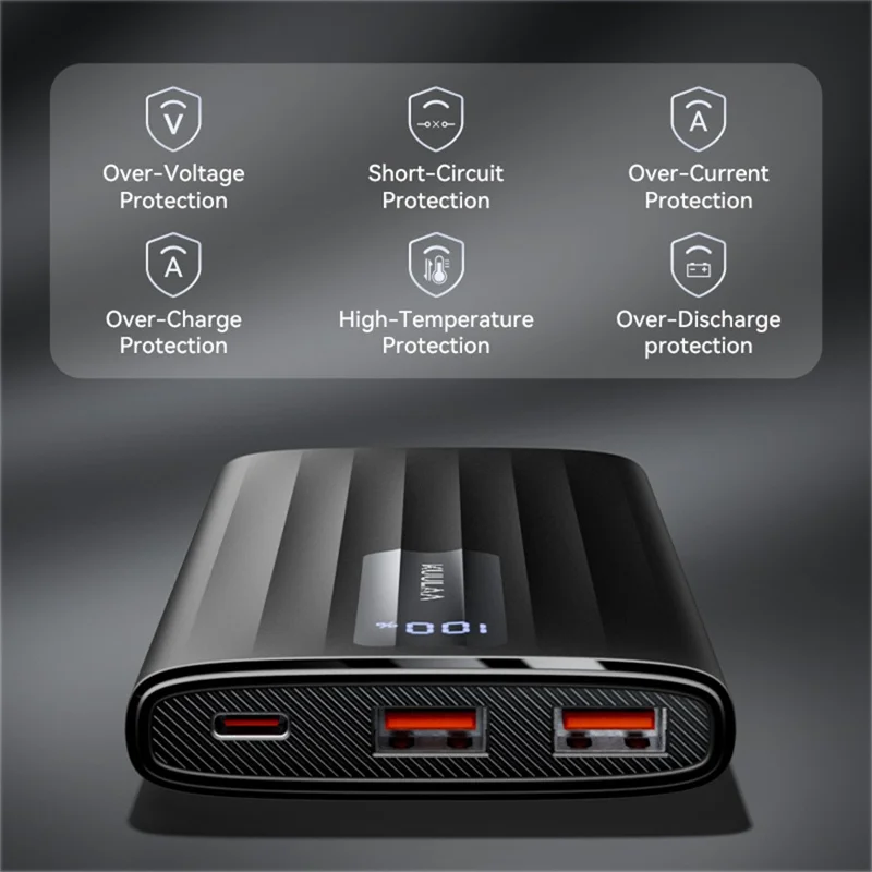 KUULAA KL-YD11 10000mAh Power Bank 22.5W Fast Charging Digital Display Portable Charger - Black