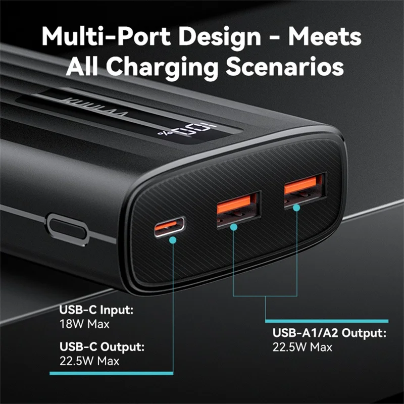 KUULAA KL-YD112 20000mAh Power Bank 22.5W Fast Charging Digital Display Portable Charger - Black