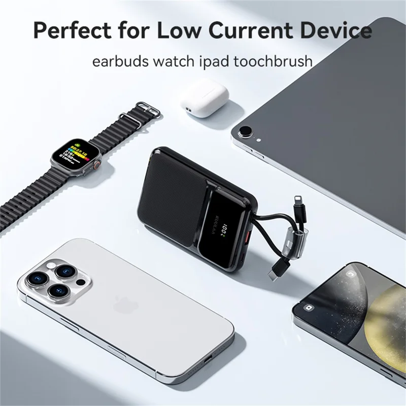 KUULAA KL-YD105 10000mAh Digital Display Power Bank Built-in Type-C  /  iP Cables 22.5W Fast Charging Portable Charger - Black