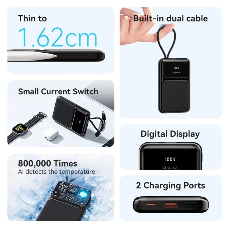 KUULAA KL-YD105 10000mAh Digital Display Power Bank Built-in Type-C  /  iP Cables 22.5W Fast Charging Portable Charger - Black