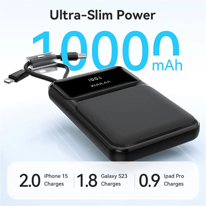 KUULAA KL-YD105 10000mAh Digital Display Power Bank Built-in Type-C  /  iP Cables 22.5W Fast Charging Portable Charger - Black