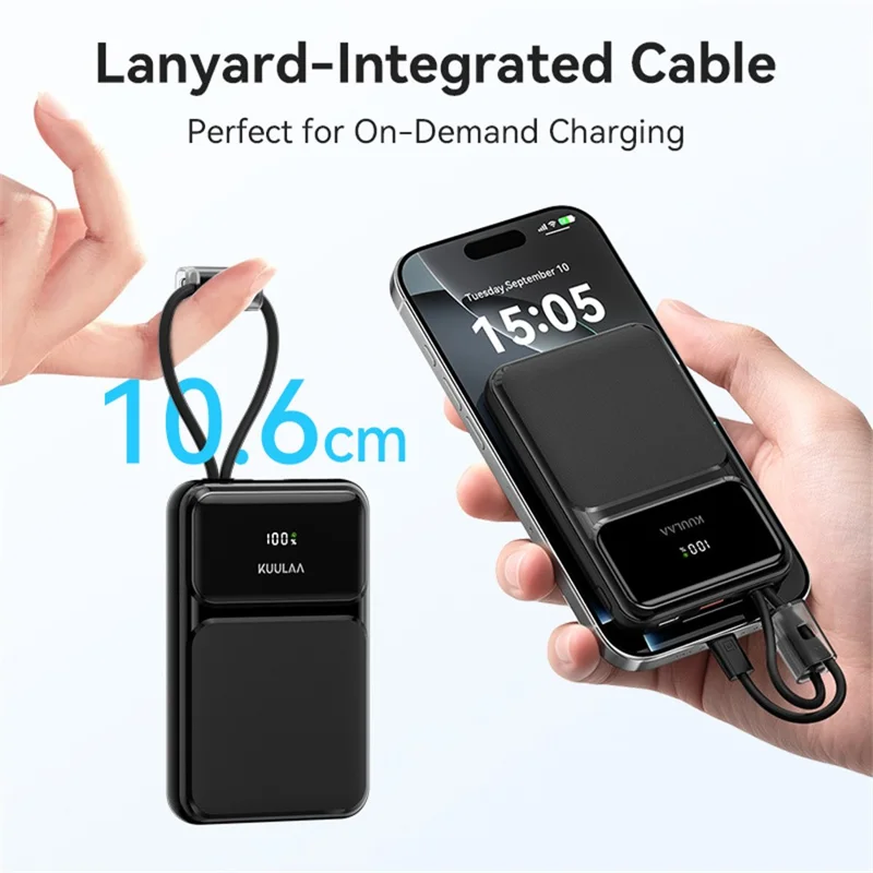 KUULAA KL-YD105 10000mAh Digital Display Power Bank Built-in Type-C  /  iP Cables 22.5W Fast Charging Portable Charger - Black
