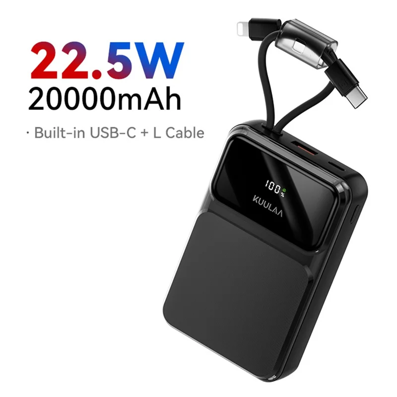 KUULAA KL-YD106 20000mAh Digital Display Power Bank Built-in Type-C  /  iP Cables 22.5W Fast Charging Portable Charger - Black