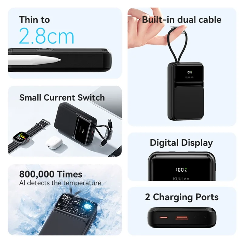 KUULAA KL-YD106 20000mAh Digital Display Power Bank Built-in Type-C  /  iP Cables 22.5W Fast Charging Portable Charger - Black