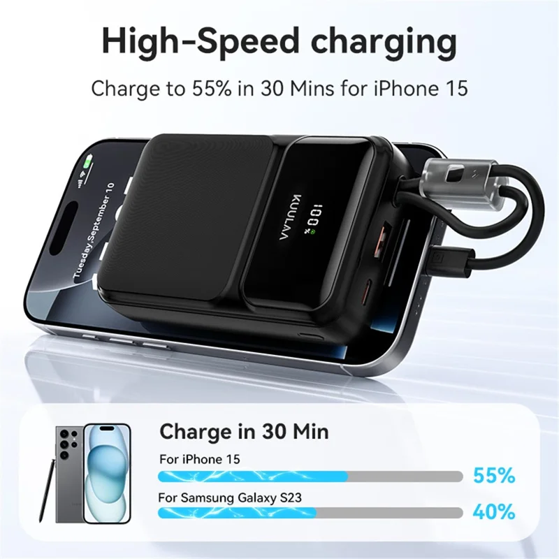 KUULAA KL-YD106 20000mAh Digital Display Power Bank Built-in Type-C  /  iP Cables 22.5W Fast Charging Portable Charger - Black
