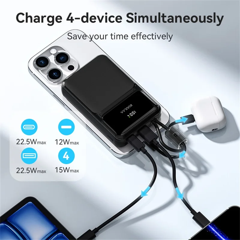 KUULAA KL-YD106 20000mAh Digital Display Power Bank Built-in Type-C  /  iP Cables 22.5W Fast Charging Portable Charger - Black