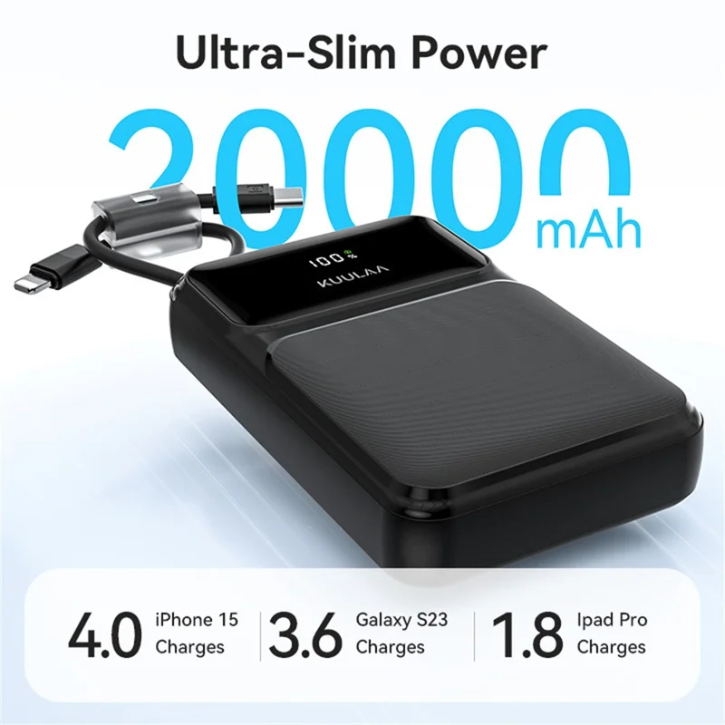 KUULAA KL-YD106 20000mAh Digital Display Power Bank Built-in Type-C  /  iP Cables 22.5W Fast Charging Portable Charger - Black