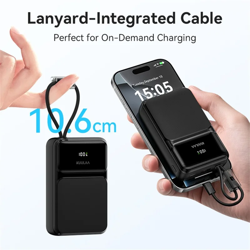 KUULAA KL-YD106 20000mAh Digital Display Power Bank Built-in Type-C  /  iP Cables 22.5W Fast Charging Portable Charger - Black