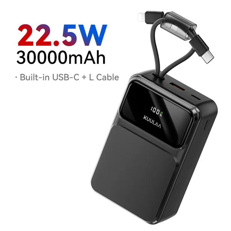 KUULAA KL-YD107 30000mAh Digital Display Power Bank Built-in Type-C  /  iP Cables 22.5W Fast Charging Portable Charger - Black