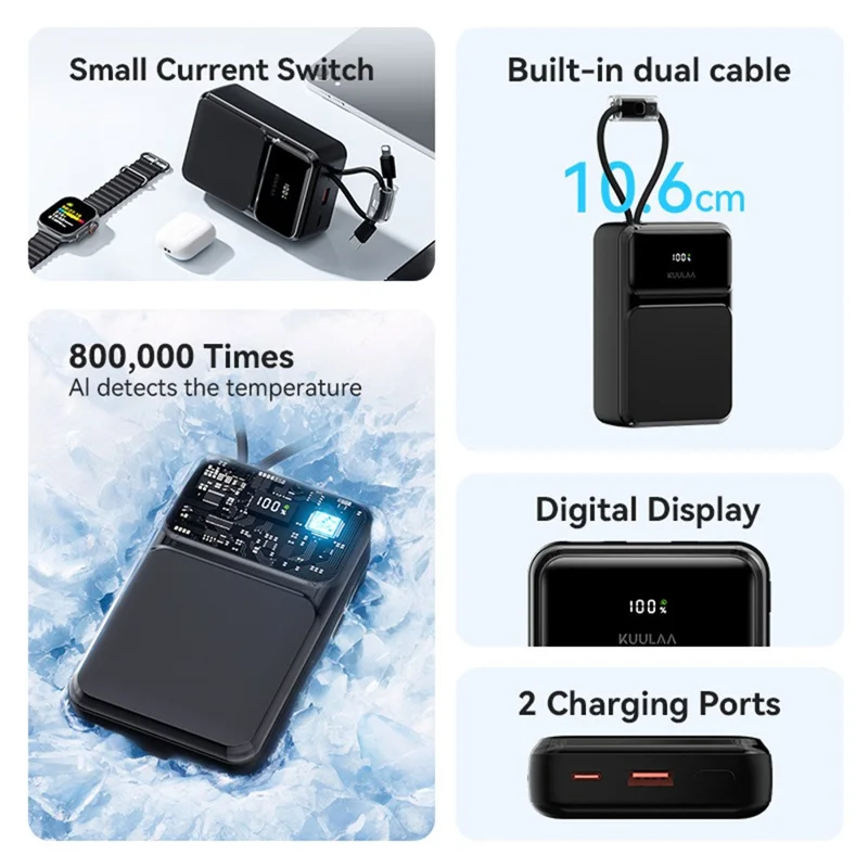 KUULAA KL-YD107 30000mAh Digital Display Power Bank Built-in Type-C  /  iP Cables 22.5W Fast Charging Portable Charger - Black