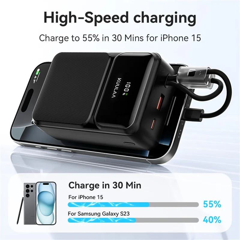 KUULAA KL-YD107 30000mAh Digital Display Power Bank Built-in Type-C  /  iP Cables 22.5W Fast Charging Portable Charger - Black