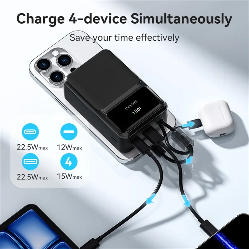 KUULAA KL-YD107 30000mAh Digital Display Power Bank Built-in Type-C  /  iP Cables 22.5W Fast Charging Portable Charger - Black