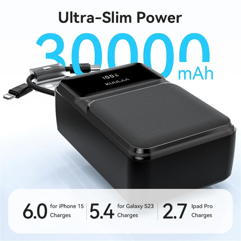 KUULAA KL-YD107 30000mAh Digital Display Power Bank Built-in Type-C  /  iP Cables 22.5W Fast Charging Portable Charger - Black