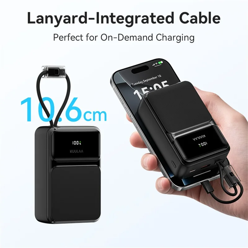 KUULAA KL-YD107 30000mAh Digital Display Power Bank Built-in Type-C  /  iP Cables 22.5W Fast Charging Portable Charger - Black