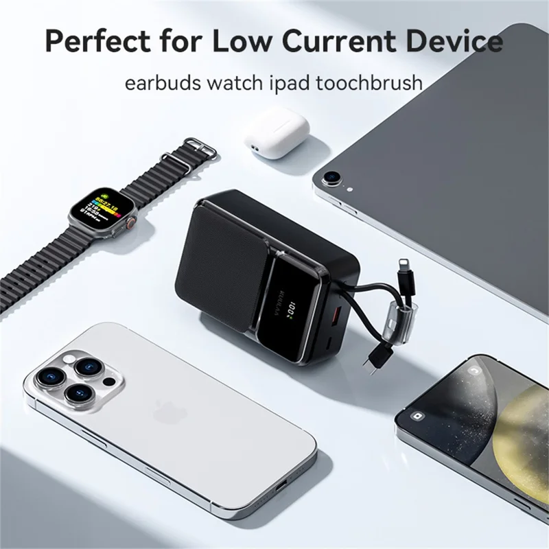 KUULAA KL-YD107 30000mAh Digital Display Power Bank Built-in Type-C  /  iP Cables 22.5W Fast Charging Portable Charger - Black