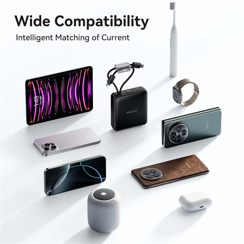 KUULAA KL-YD108 10000mAh 22.5W Fast Charging Power Bank Digital Display Built-in Type-C  /  iP Cables - Black