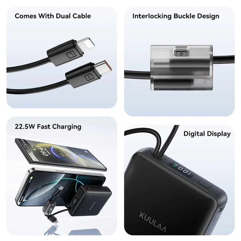 KUULAA KL-YD108 10000mAh 22.5W Fast Charging Power Bank Digital Display Built-in Type-C  /  iP Cables - Black