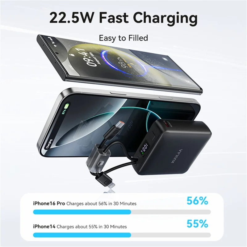 KUULAA KL-YD108 10000mAh 22.5W Fast Charging Power Bank Digital Display Built-in Type-C  /  iP Cables - Black