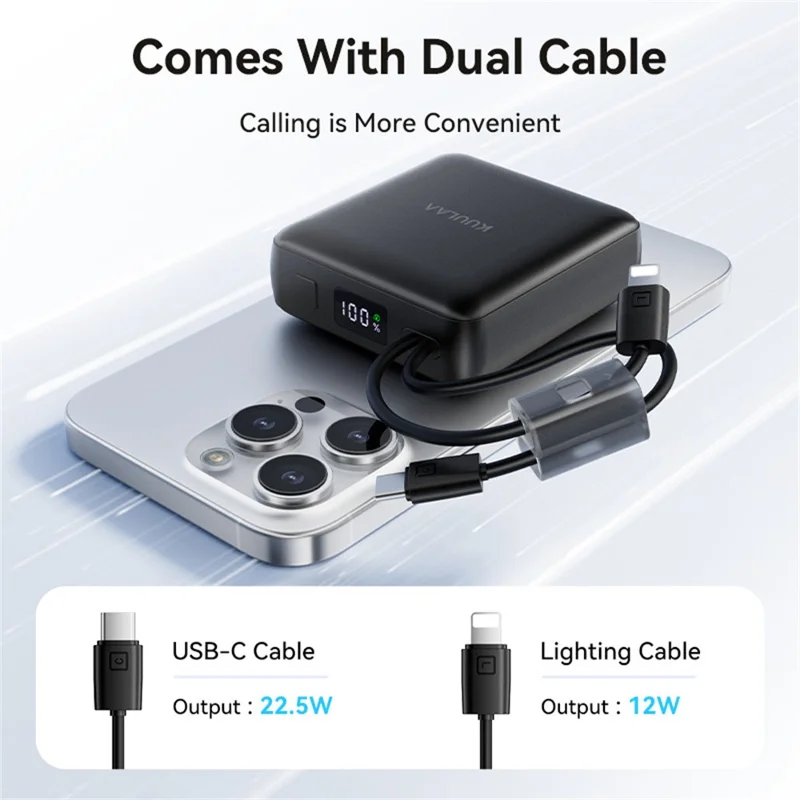 KUULAA KL-YD108 10000mAh 22.5W Fast Charging Power Bank Digital Display Built-in Type-C  /  iP Cables - Black