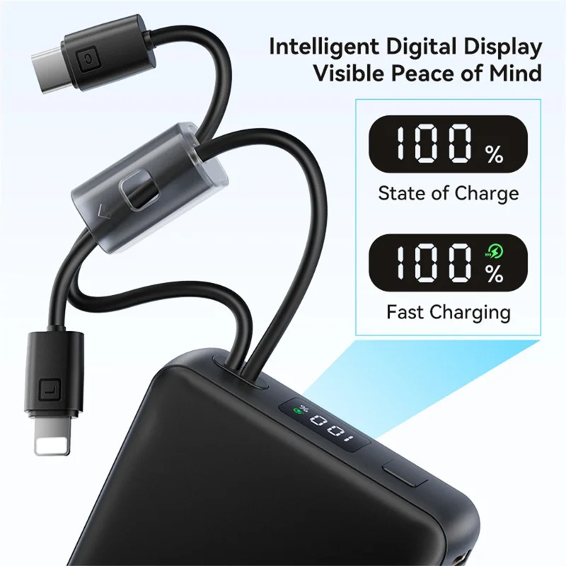 KUULAA KL-YD108 10000mAh 22.5W Fast Charging Power Bank Digital Display Built-in Type-C  /  iP Cables - Black