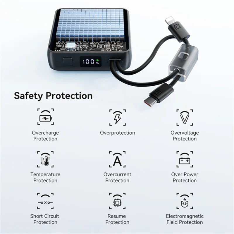 KUULAA KL-YD108 10000mAh 22.5W Fast Charging Power Bank Digital Display Built-in Type-C  /  iP Cables - Black