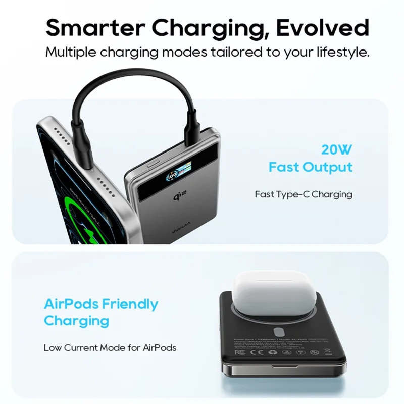KUULAA KL-YD92 10000mAh Magnetic Power Bank 15W Max Wireless Charger TFT Smart Display For iPhone  /  Android