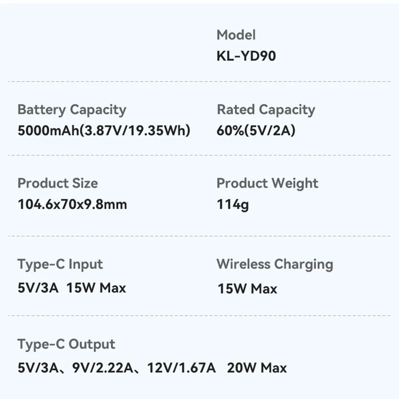 KUULAA KL-YD90 15W Max Fast Charger Magnetic Battery Pack 5000mAh Wireless Power Bank