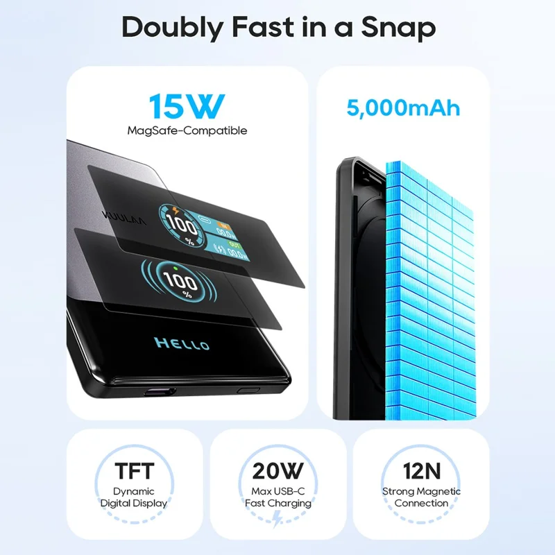 KUULAA KL-YD90 15W Max Fast Charger Magnetic Battery Pack 5000mAh Wireless Power Bank