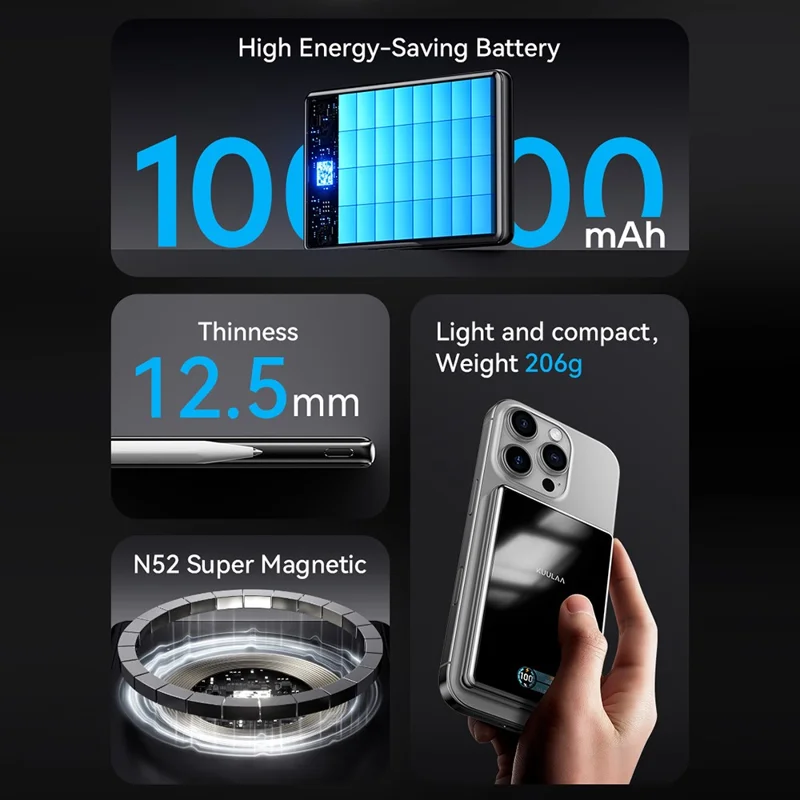 KUULAA KL-YD89 10000mAh Magnetic Portable Charger 15W Max Wireless Power Bank with Digital Display