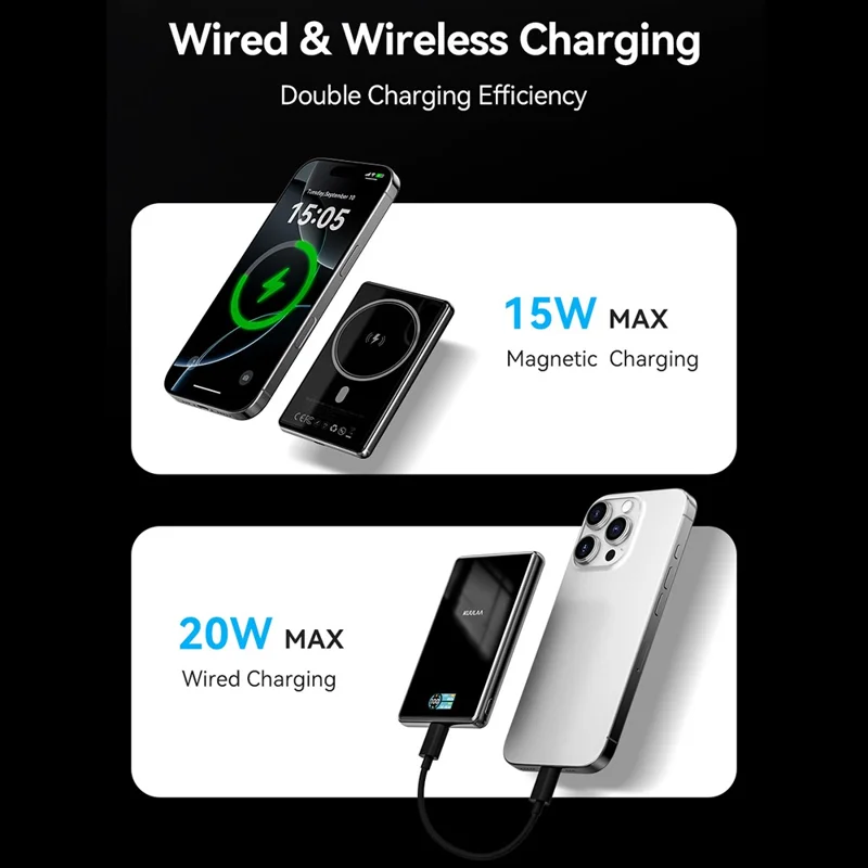 KUULAA KL-YD89 10000mAh Magnetic Portable Charger 15W Max Wireless Power Bank with Digital Display