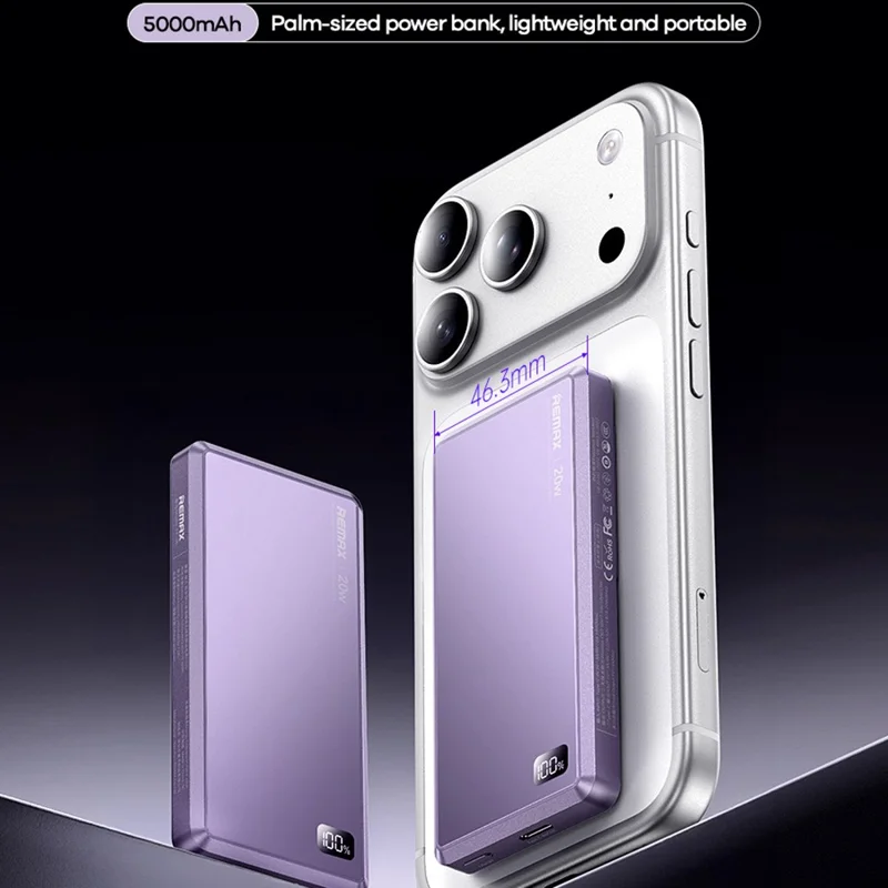 REMAX FP-36 PD20 5000 مللي أمبير في الساعة بنك طاقة بشاشة رقمية، شاحن سريع لاسلكي مغناطيسي - أرجواني