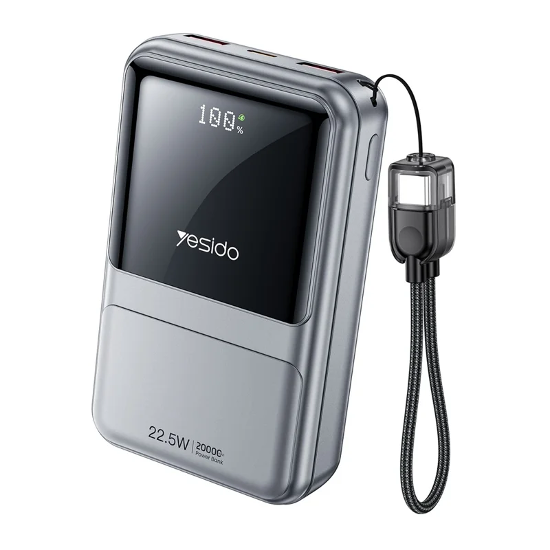 YESIDO YP96 20000mAh Power Bank 22.5W Fast Charging Digital Display Battery Pack Built-in Type-C Cable