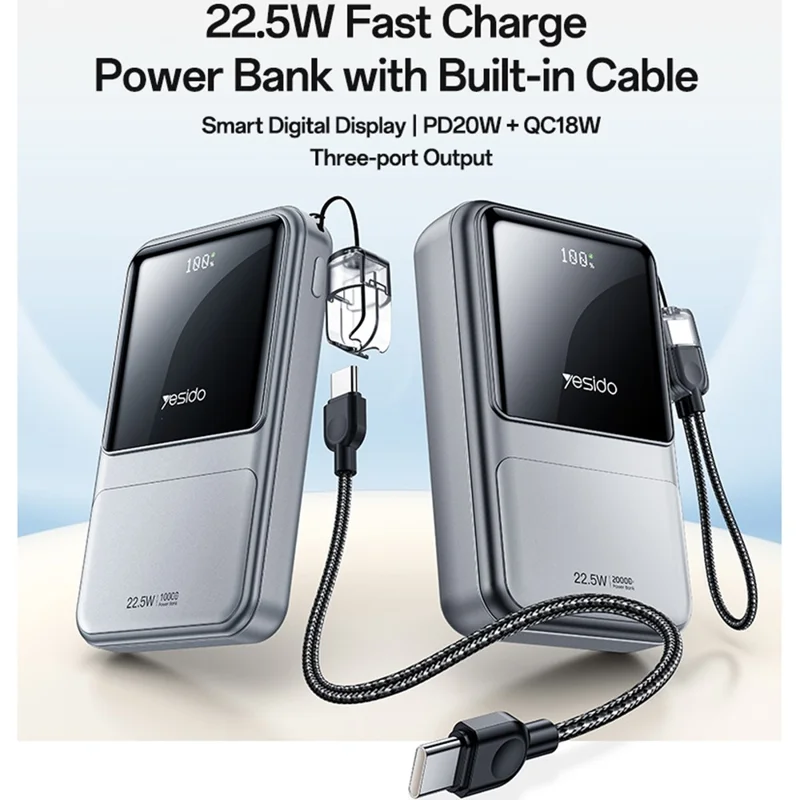 YESIDO YP96 20000mAh Power Bank 22.5W Fast Charging Digital Display Battery Pack Built-in Type-C Cable