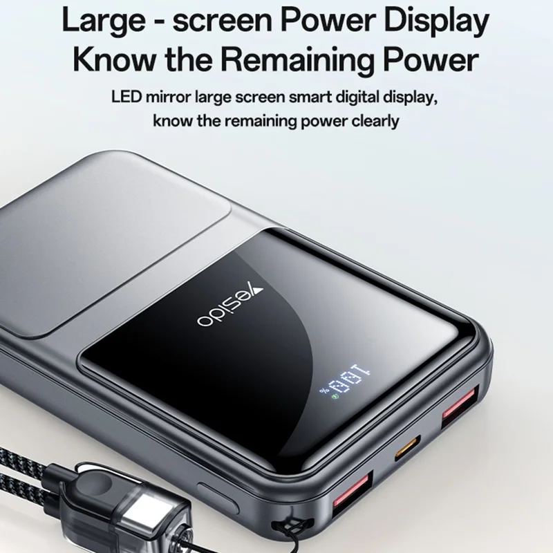 YESIDO YP96 20000mAh Power Bank 22.5W Fast Charging Digital Display Battery Pack Built-in Type-C Cable