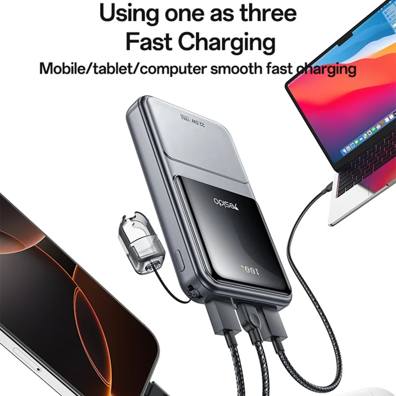YESIDO YP96 20000mAh Power Bank 22.5W Fast Charging Digital Display Battery Pack Built-in Type-C Cable