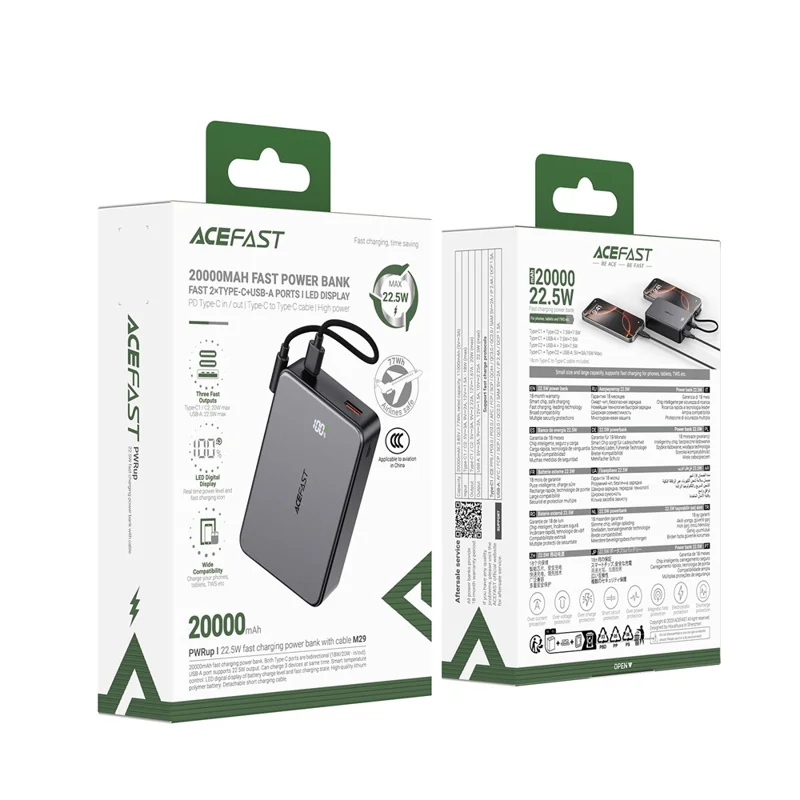 ACEFAST M29-20000 Banco de Energia 20000mAh Carregamento Rápido 22,5W 2 Tipo-C + Carregador USB-A com Cabo