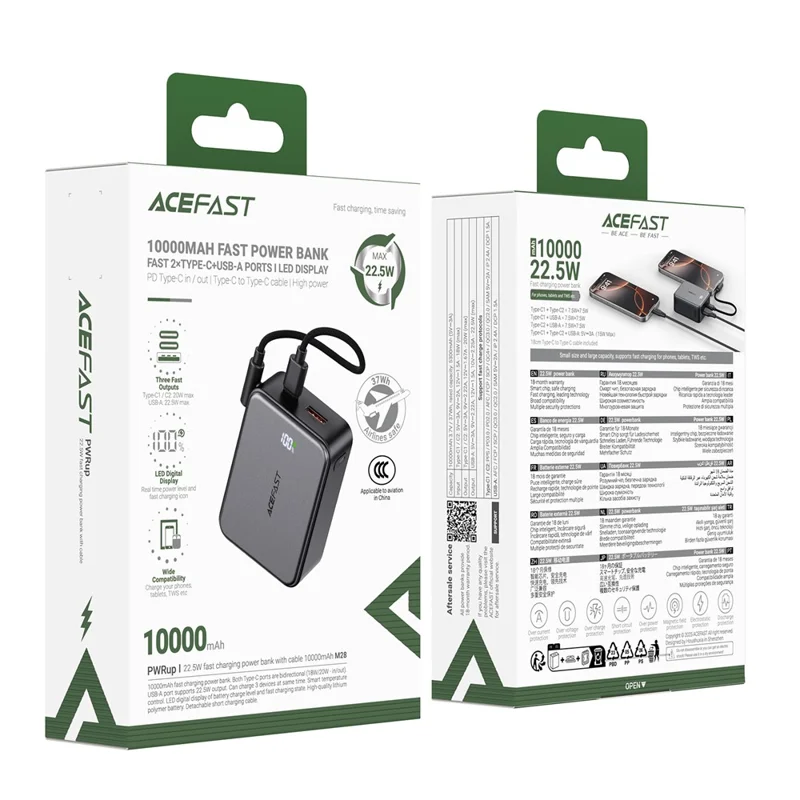 ACEFAST M29-10000 Banco de Energía de 10000mAh Carga Rápida de 22,5 W Cargador para Teléfono con 2 Tipo-C + USB-A con Cable