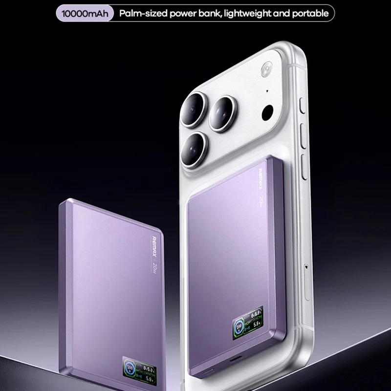REMAX FP-37 Aurora 10000mAh Banco de Energia Magnético com Carregamento Sem Fios PD 20W Carregador Portátil Rápido com Ecrã TFT - Roxo