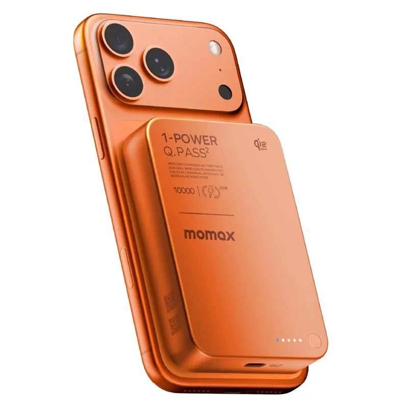 MOMAX 1-Power Q.Pass2 Qi2.2 25W Magnetic Wireless Power Bank for iPhone 12–17 Series 10000mAh Fast Charging Battery Pack - Orange