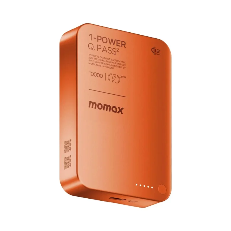 MOMAX 1-Power Q.Pass2 Qi2.2 25W Magnetic Wireless Power Bank for iPhone 12–17 Series 10000mAh Fast Charging Battery Pack - Orange