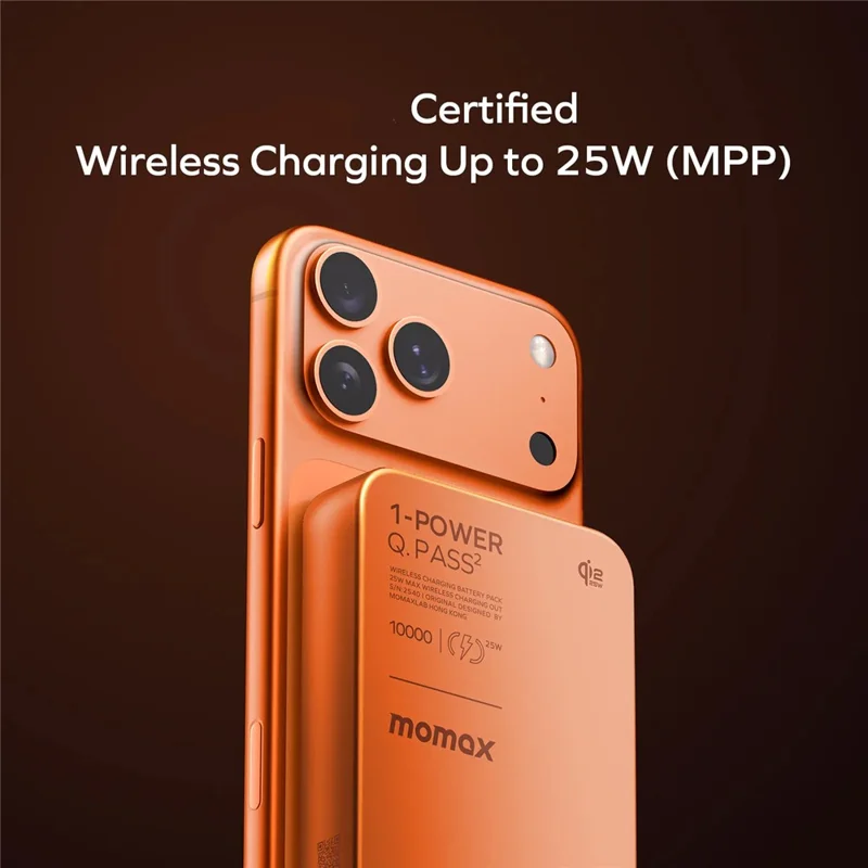 MOMAX 1-Power Q.Pass2 Qi2.2 25W Magnetic Wireless Power Bank for iPhone 12–17 Series 10000mAh Fast Charging Battery Pack - Orange