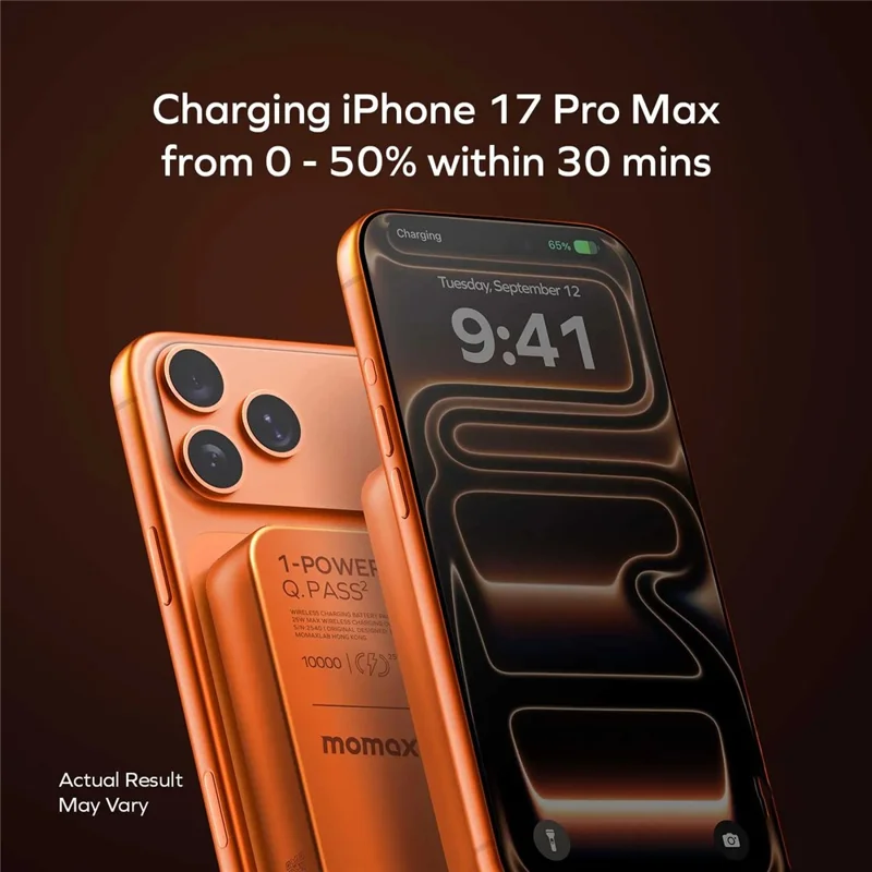 MOMAX 1-Power Q.Pass2 Qi2.2 25W Magnetic Wireless Power Bank for iPhone 12–17 Series 10000mAh Fast Charging Battery Pack - Orange