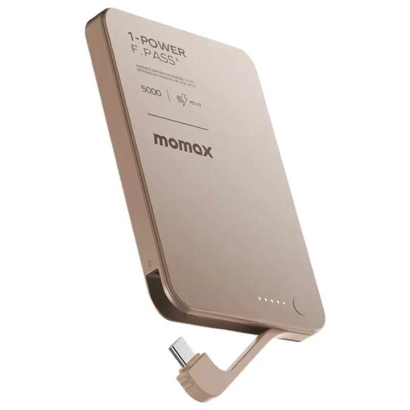 MOMAX 1-POWER F.PASS+ 5000mAh Magnetic Power Bank with Hidden USB-C Cable Portable Fast Charging Charger - Desert Gold