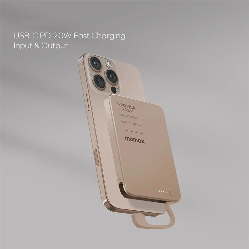 MOMAX 1-POWER F.PASS+ 5000mAh Magnetic Power Bank with Hidden USB-C Cable Portable Fast Charging Charger - Desert Gold