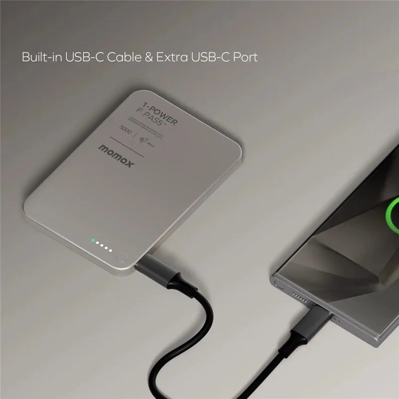 MOMAX 1-POWER F.PASS+ 5000mAh Magnetic Power Bank with Hidden USB-C Cable Portable Fast Charging Charger - Desert Gold