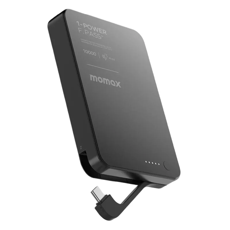 MOMAX 1-POWER F.PASS+ 10000mAh Magnetisches Powerbank mit verstecktem USB-C-Kabel Tragbares Schnellladegerät - Schwarz