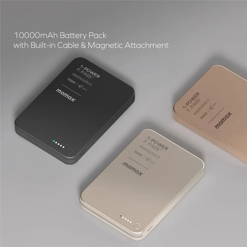 MOMAX 1-POWER F.PASS+ 10000mAh Magnetisches Powerbank mit verstecktem USB-C-Kabel Tragbares Schnellladegerät - Schwarz