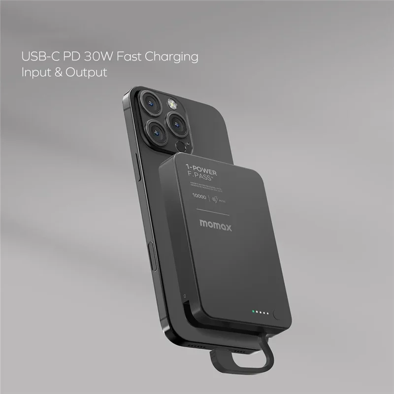 MOMAX 1-POWER F.PASS+ 10000mAh Magnetisches Powerbank mit verstecktem USB-C-Kabel Tragbares Schnellladegerät - Schwarz